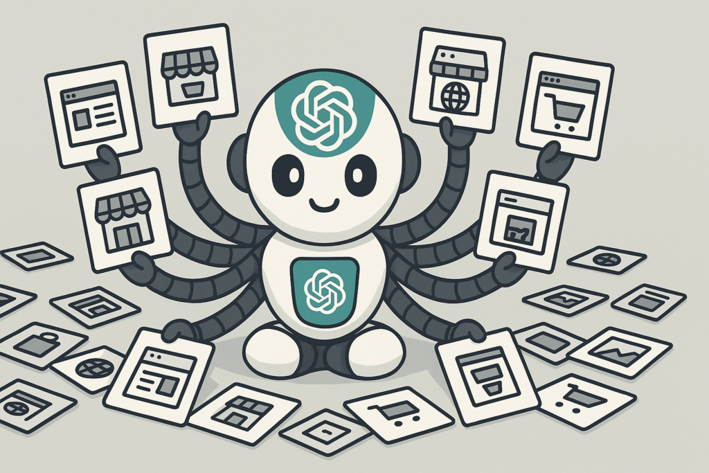 hatGPT como un robot con ocho brazos sosteniendo iconos de webs y tiendas online, rodeado de más iconos digitales en el suelo.