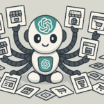 hatGPT como un robot con ocho brazos sosteniendo iconos de webs y tiendas online, rodeado de más iconos digitales en el suelo.