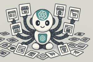 hatGPT como un robot con ocho brazos sosteniendo iconos de webs y tiendas online, rodeado de más iconos digitales en el suelo.