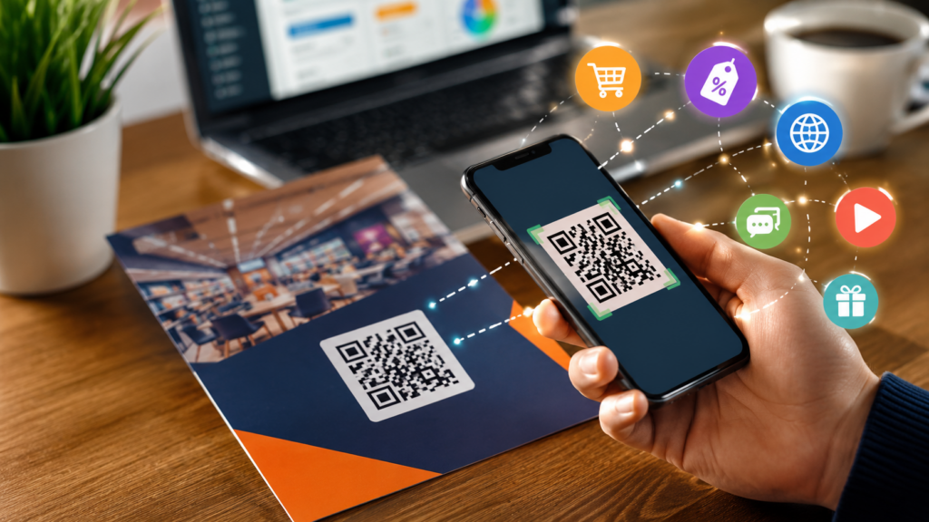 Códigos QR en publicidad impresa conectando un flyer con una campaña digital mediante un smartphone.